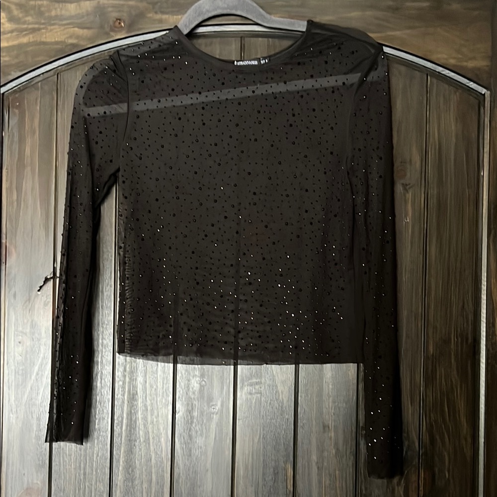 Stradivarius Sheer Black Rhinestone Top